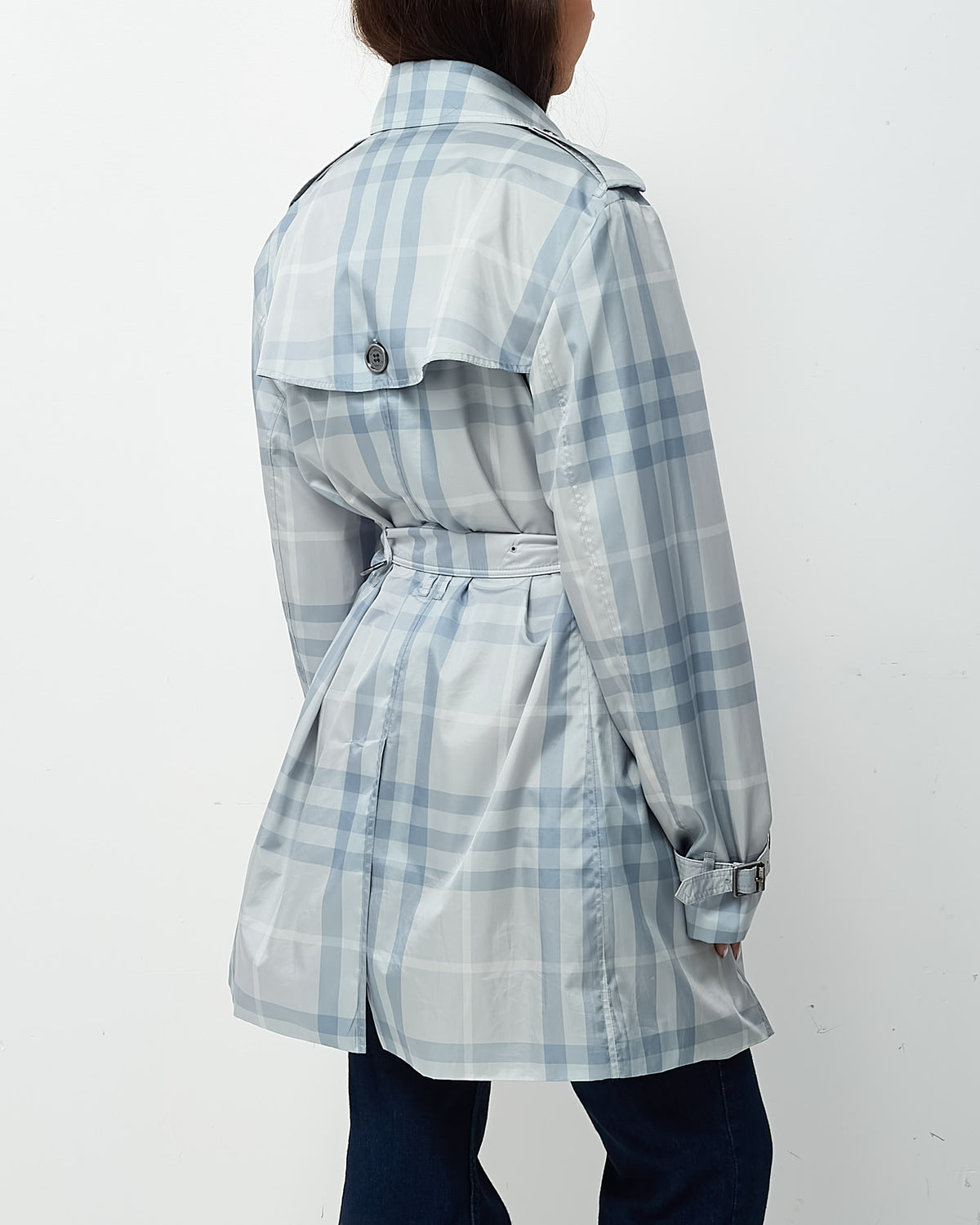 Burberry Blue Nova Check Double Breasted Belted Nylon Trench Coat - US 12