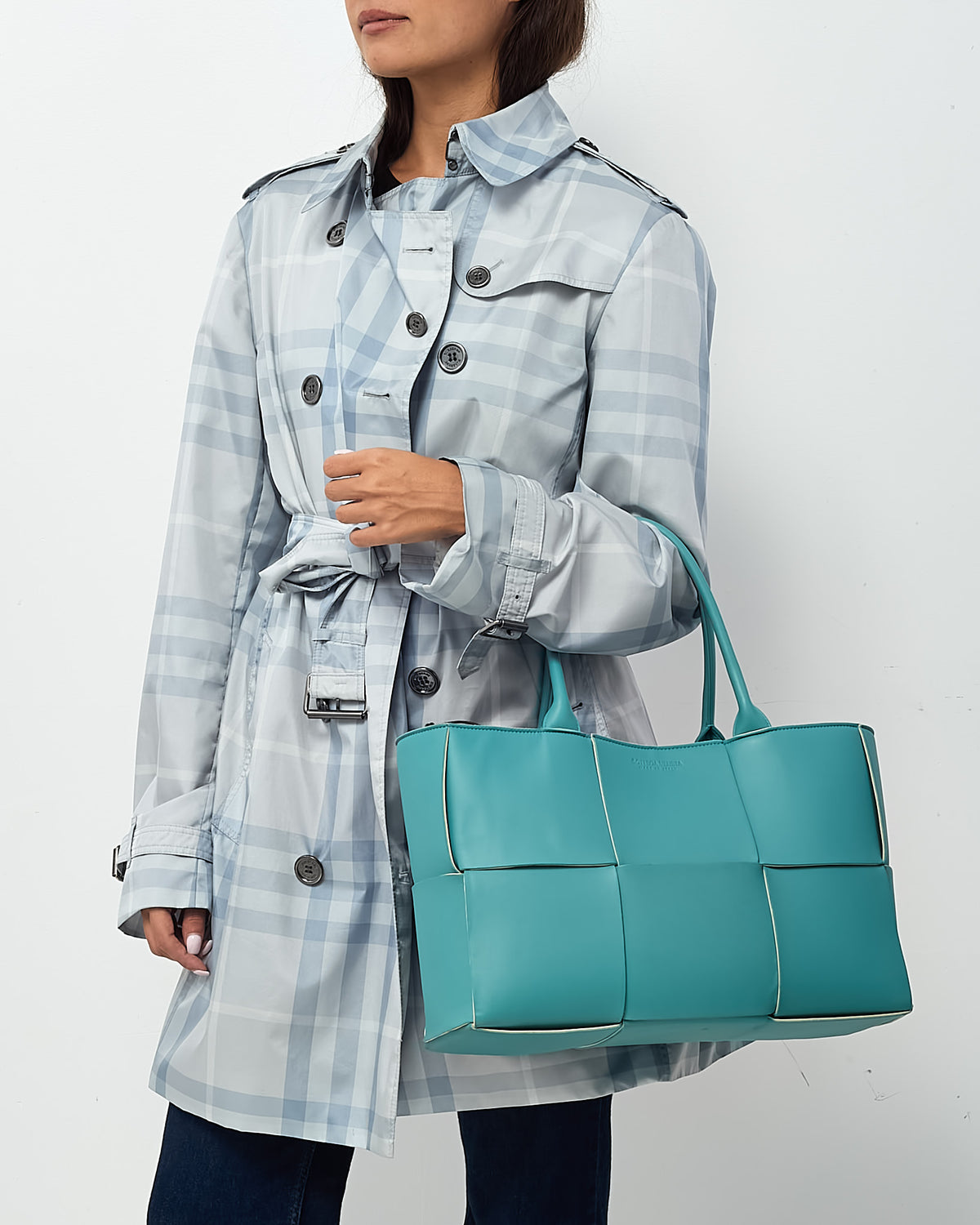 Burberry Blue Nova Check Double Breasted Belted Nylon Trench Coat - US 12