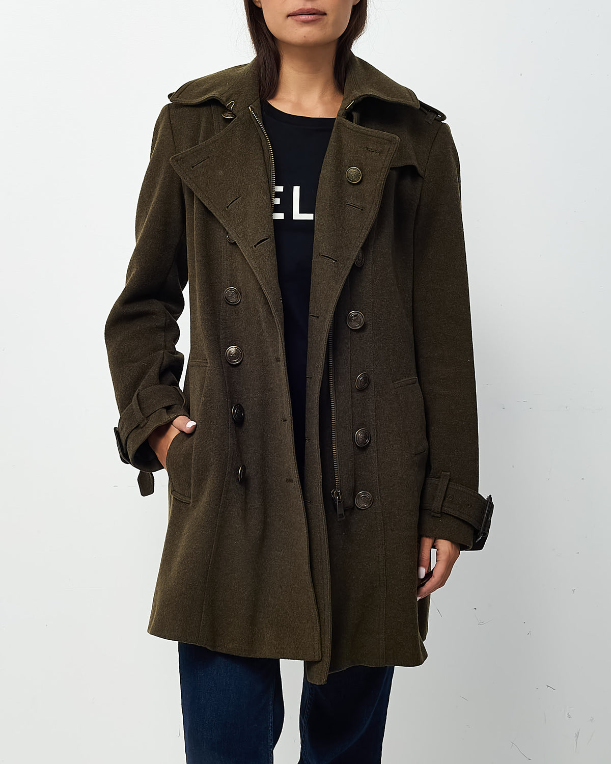 Burberry Dark Green Double-Breasted Wool/Cashmere Coat - US 10
