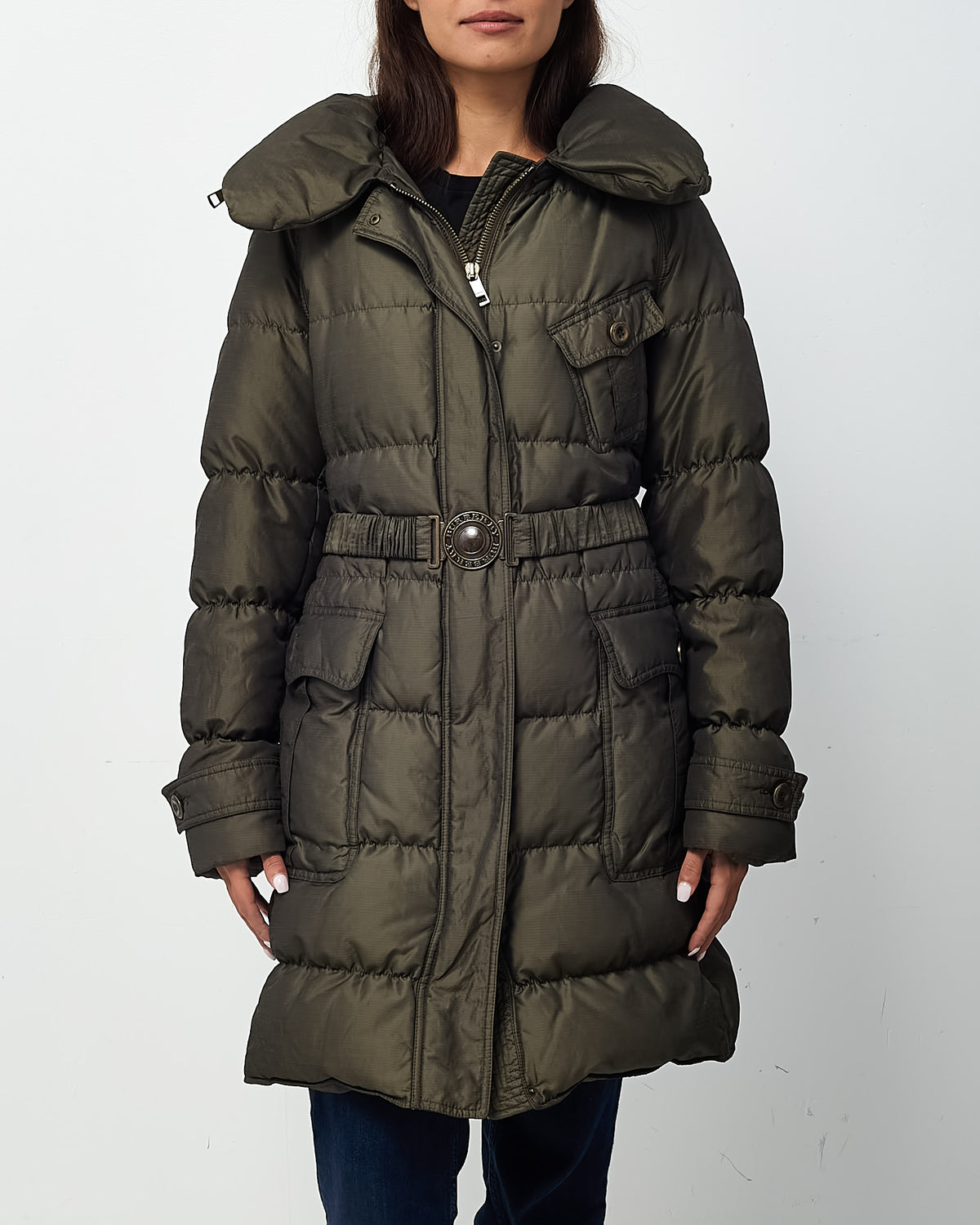 Burberry Dark Olive Green Quilted Down Mid-Length Puffer Jacket - XL