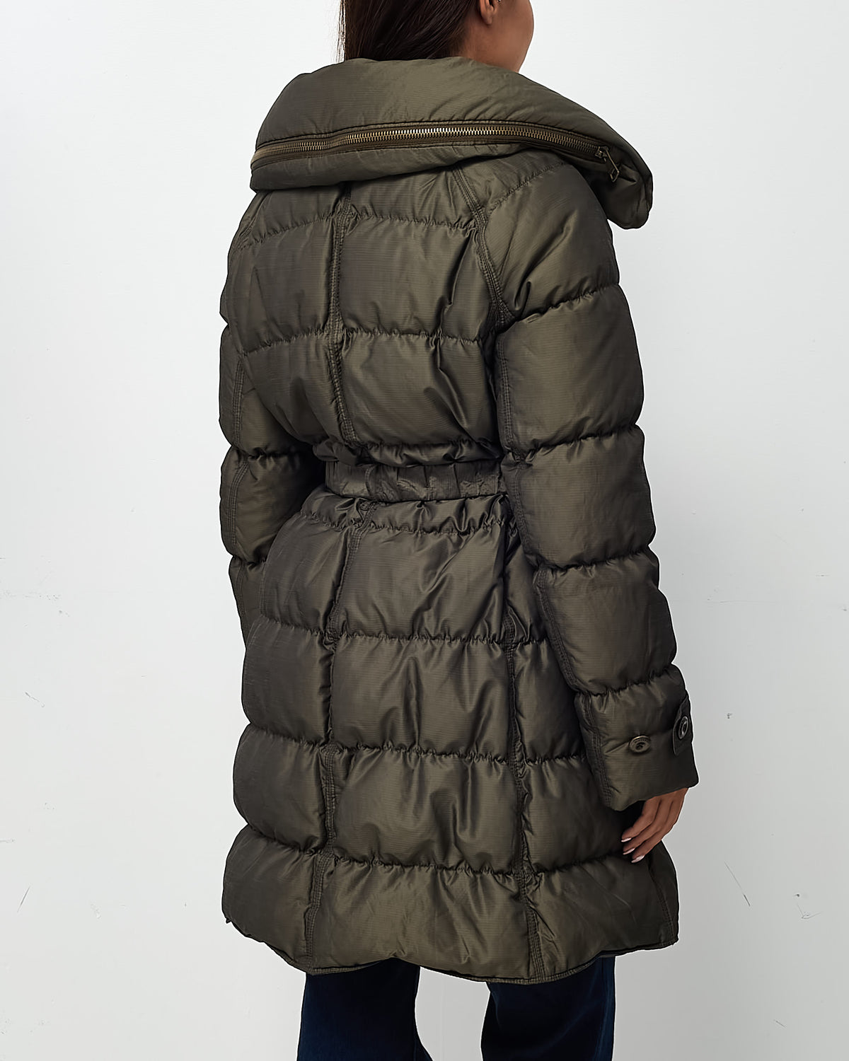 Burberry Dark Olive Green Quilted Down Mid-Length Puffer Jacket - XL