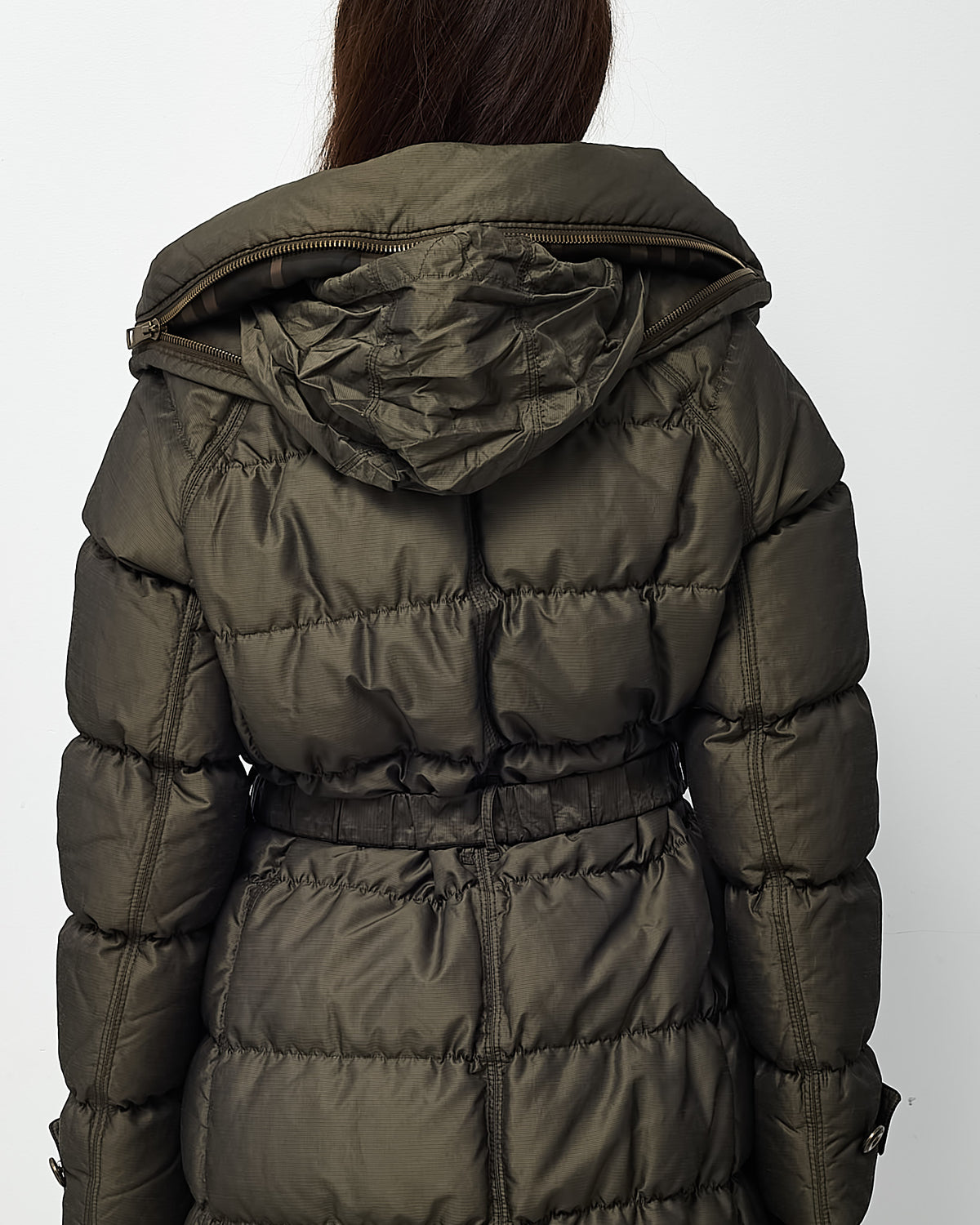 Burberry Dark Olive Green Quilted Down Mid-Length Puffer Jacket - XL