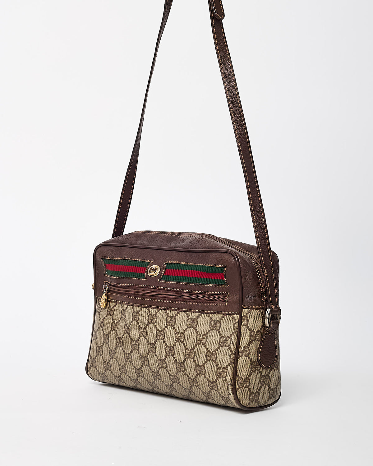Gucci Vintage Beige and Brown GG Supreme Monogram Canvas Sherry Line Crossbody Camera Bag