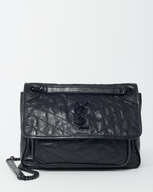 Saint Laurent Black Crinkle Vintage Calf Leather Medium Nikki Bag