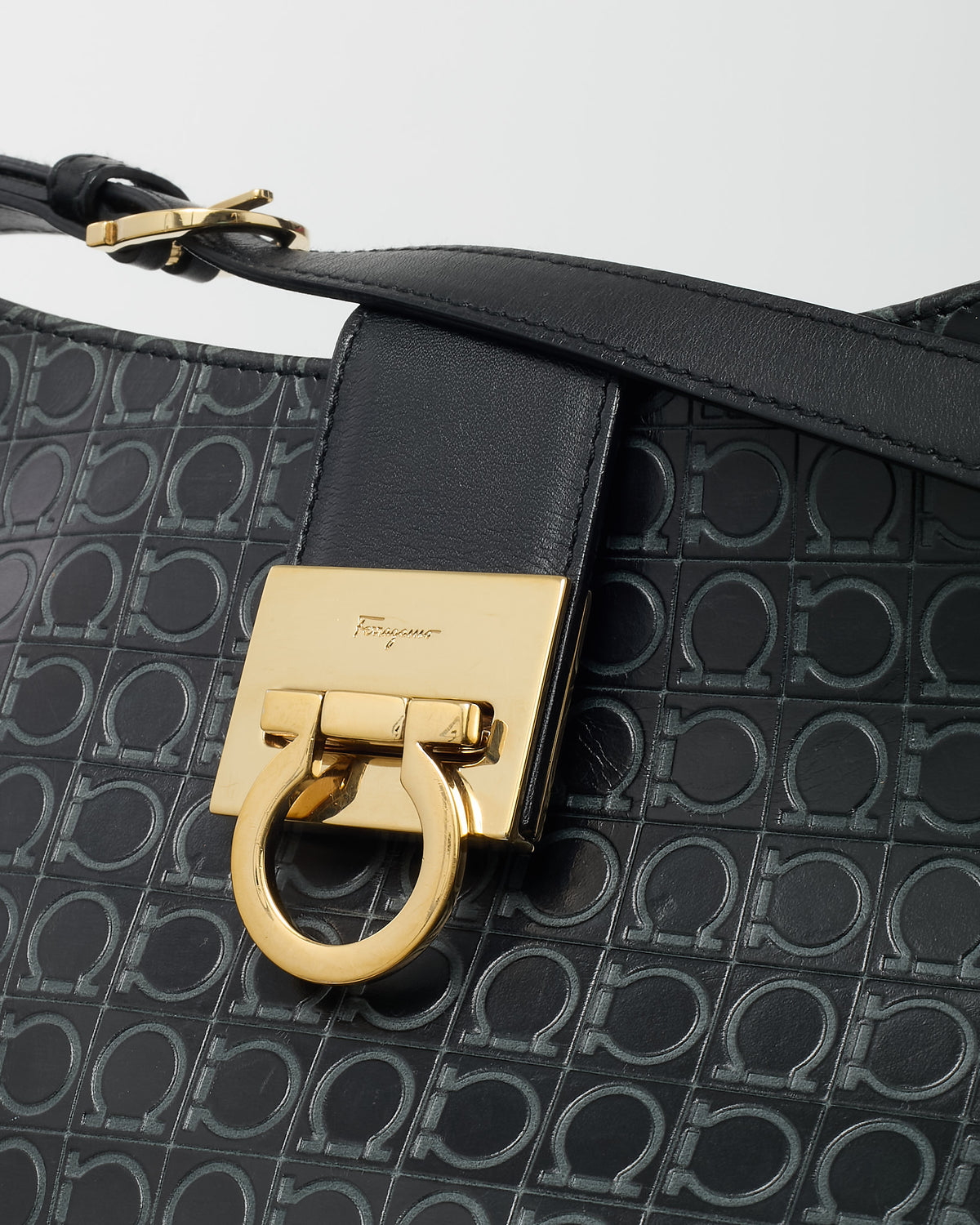 Salvatore Ferragamo Black Gancini Embossed Leather Shoulder Bag