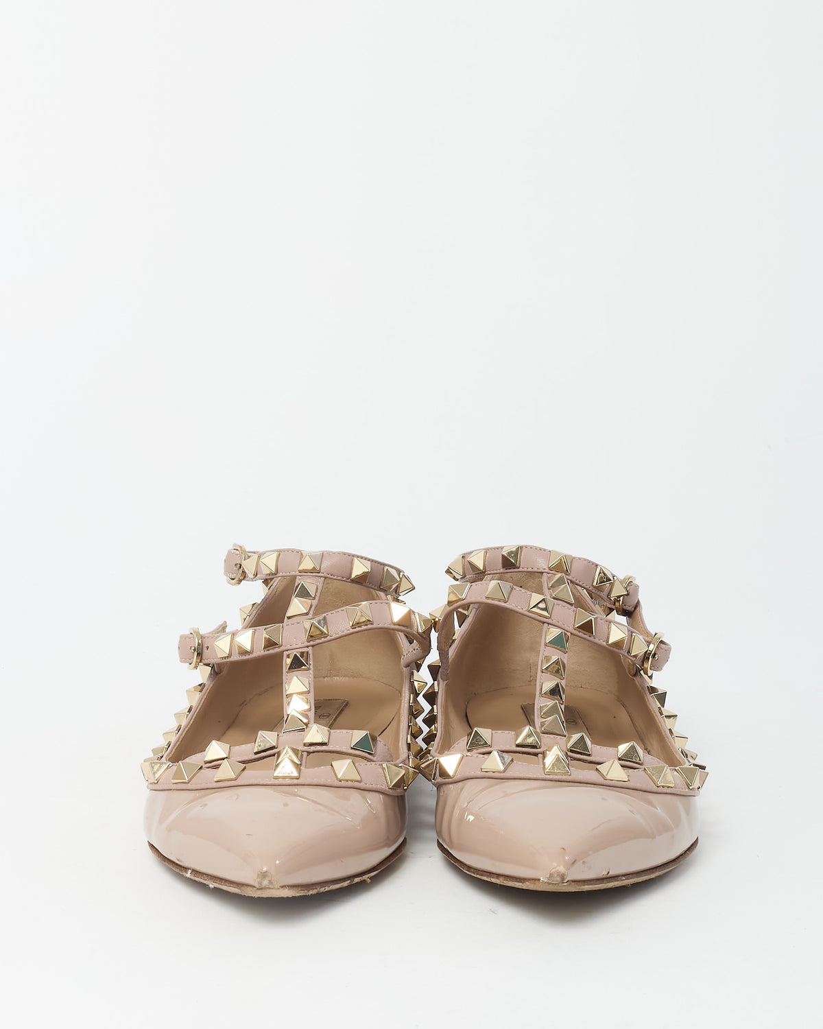 Valentino Beige Patent Leather Rockstud Gladiator Flats - 37.5