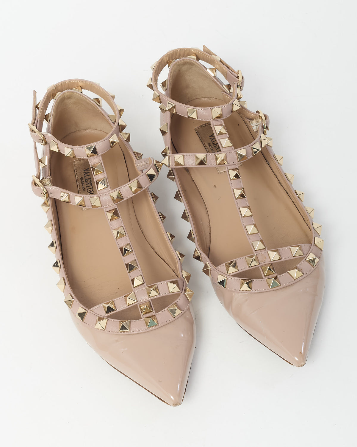 Valentino Beige Patent Leather Rockstud Gladiator Flats - 37.5
