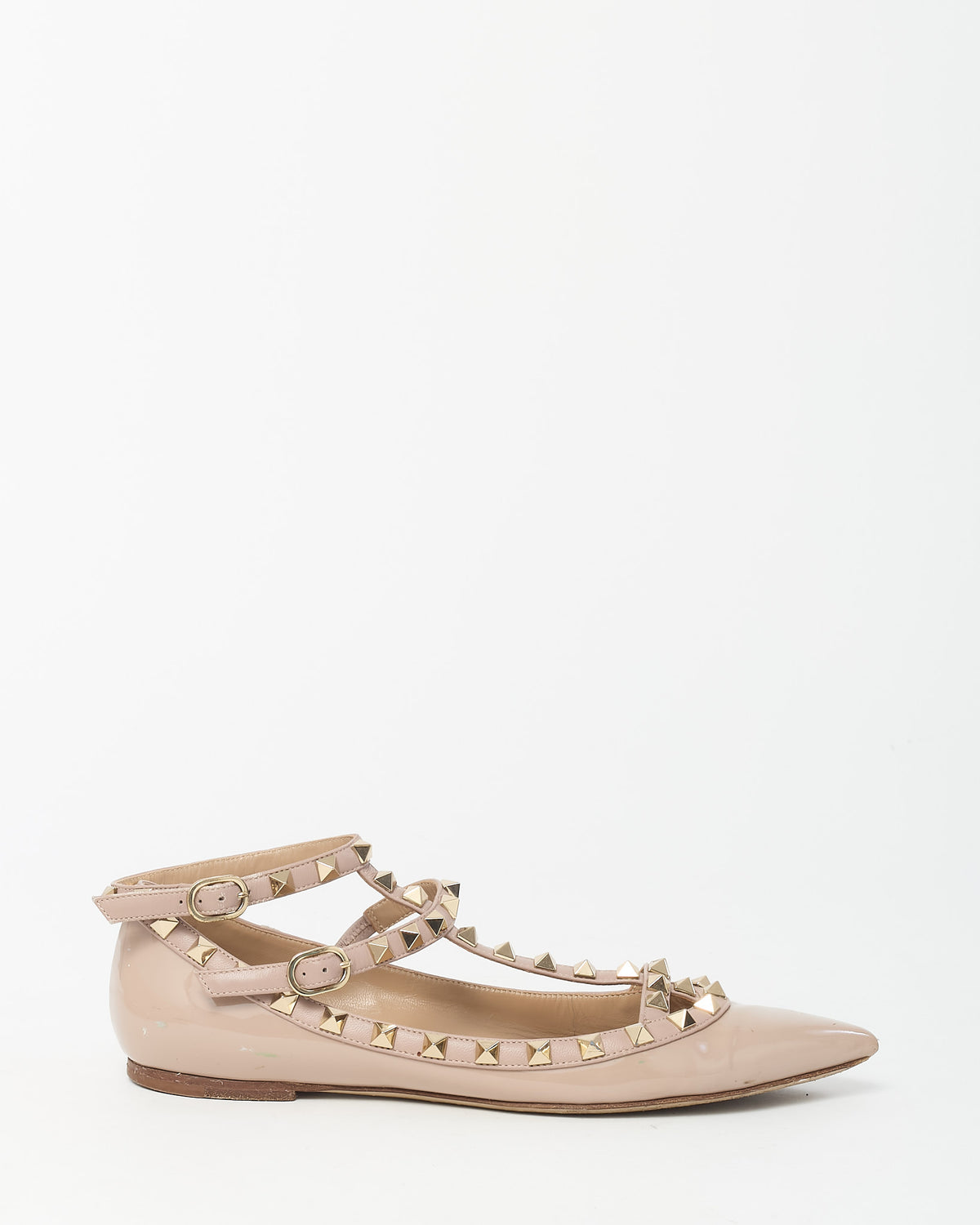 Valentino Beige Patent Leather Rockstud Gladiator Flats - 37.5