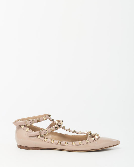 Valentino Beige Patent Leather Rockstud Gladiator Flats - 37.5