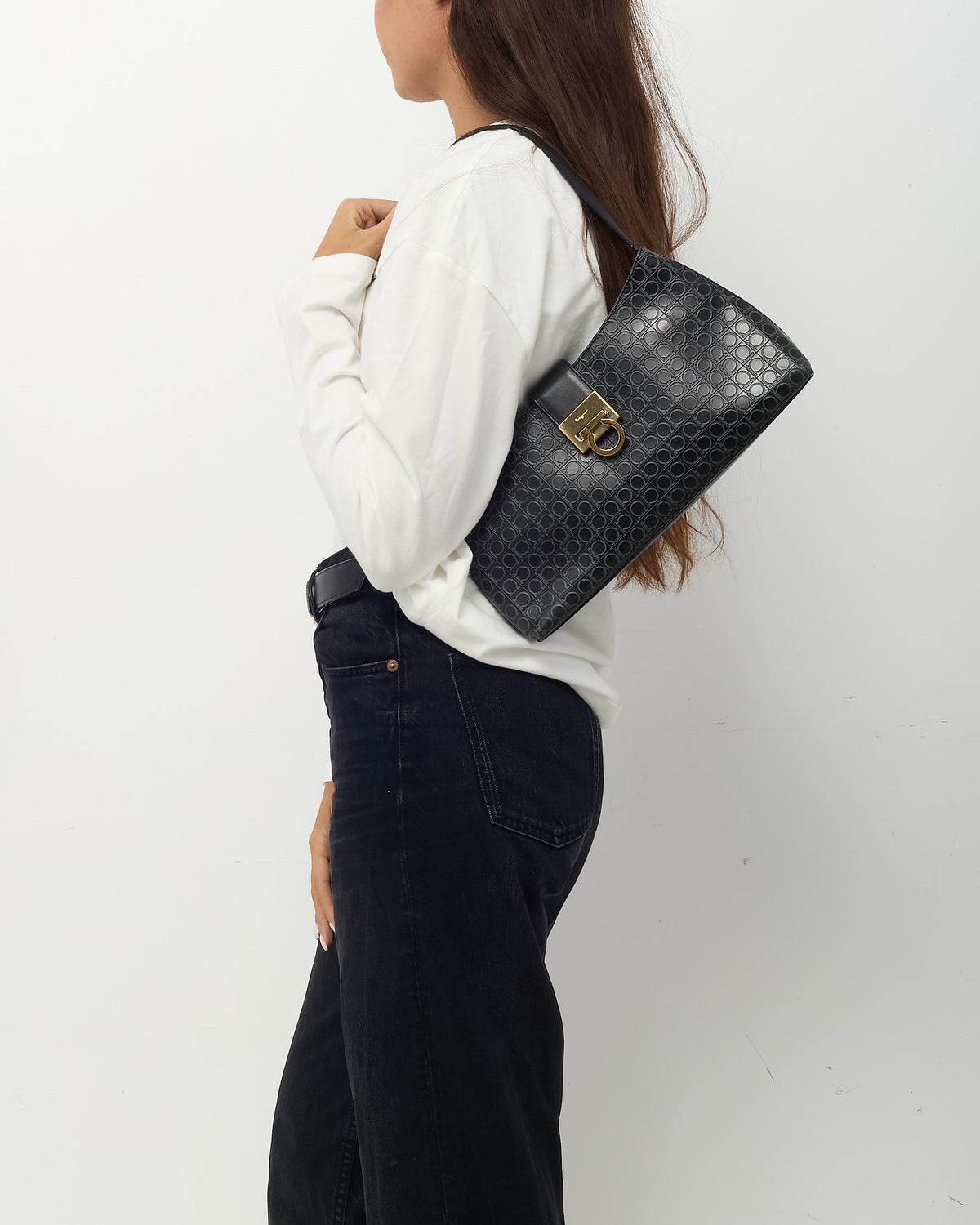 Salvatore Ferragamo Black Gancini Embossed Leather Shoulder Bag