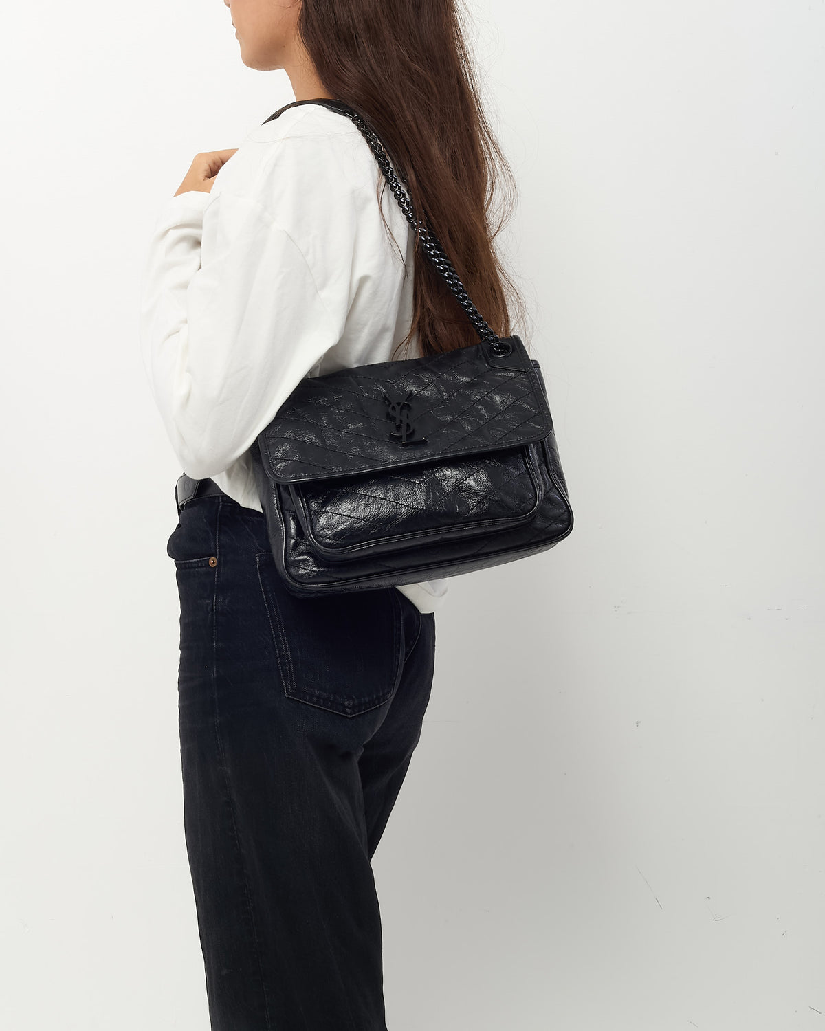 Saint Laurent Black Crinkle Vintage Calf Leather Medium Nikki Bag