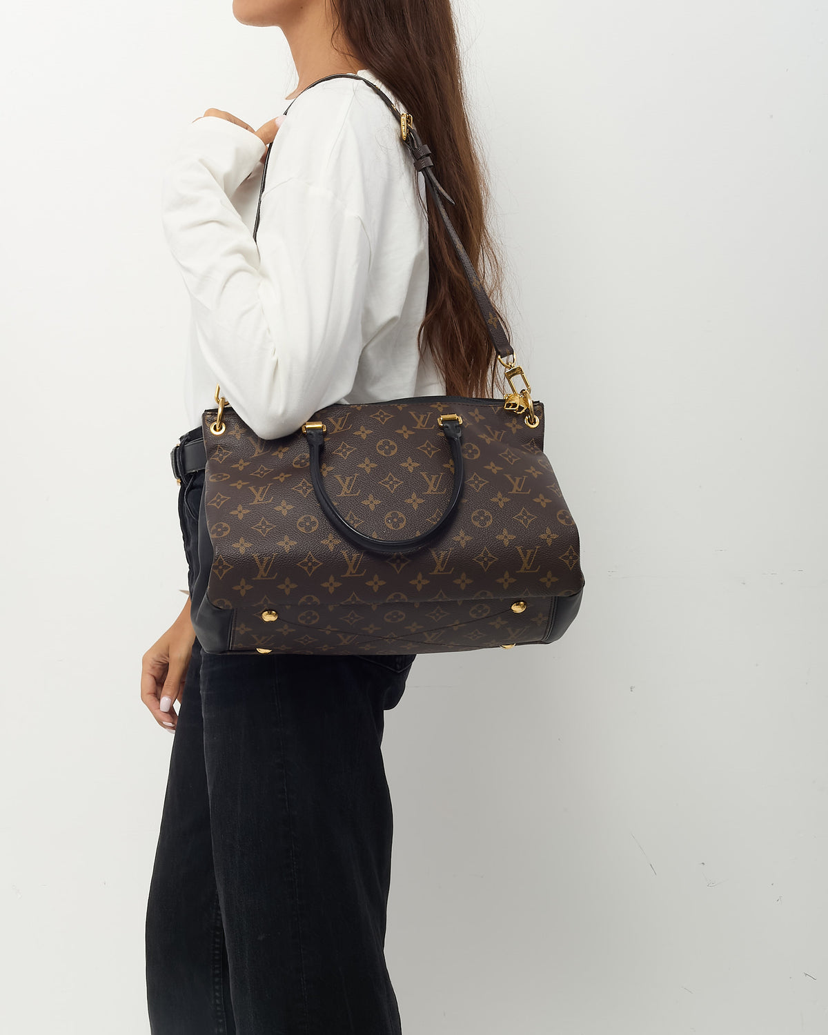 Louis Vuitton Black Leather and Monogram Canvas Pallas MM Bag with Strap