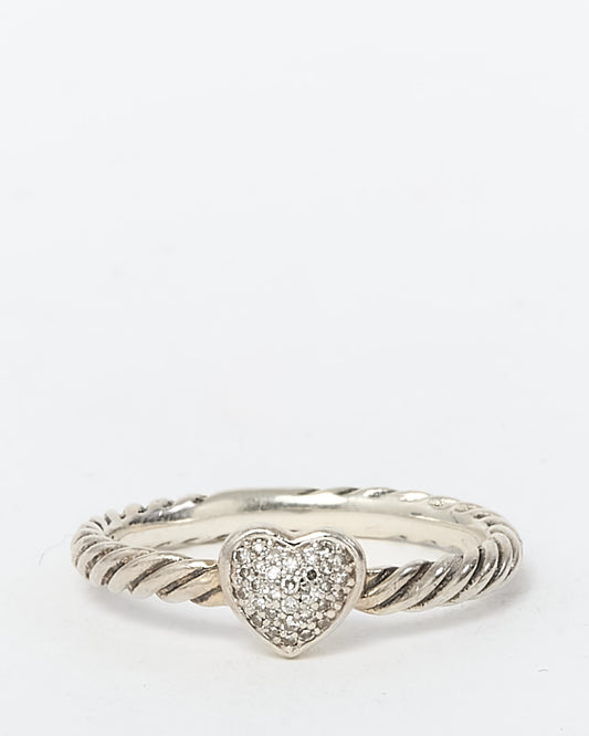 David Yurman Sterling Silver and Pave Diamond Heart Cable Collectibles Stack Ring - 6