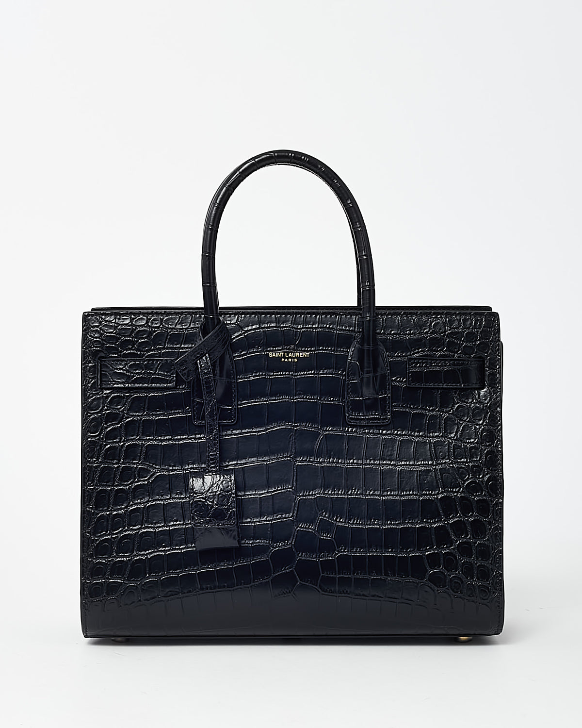 Saint Laurent Black Shiny Croc Embossed Leather Baby Sac De Jour Bag with Strap