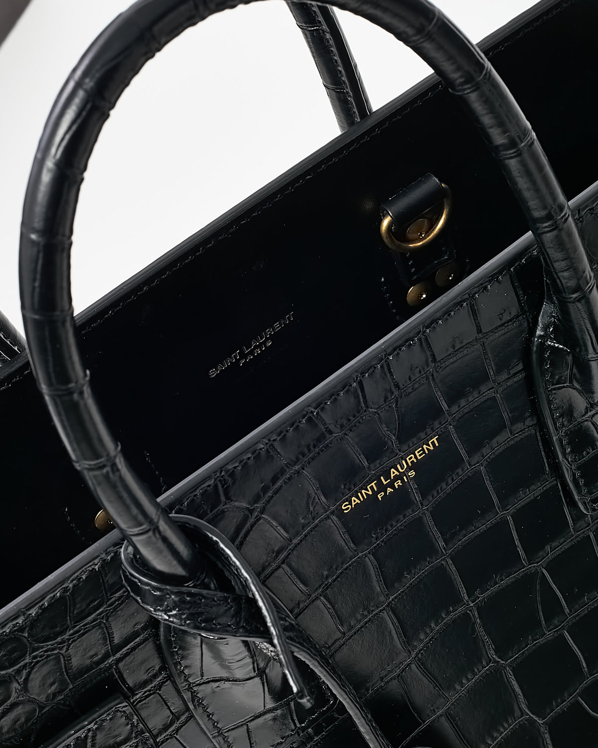 Saint Laurent Black Shiny Croc Embossed Leather Baby Sac De Jour Bag with Strap
