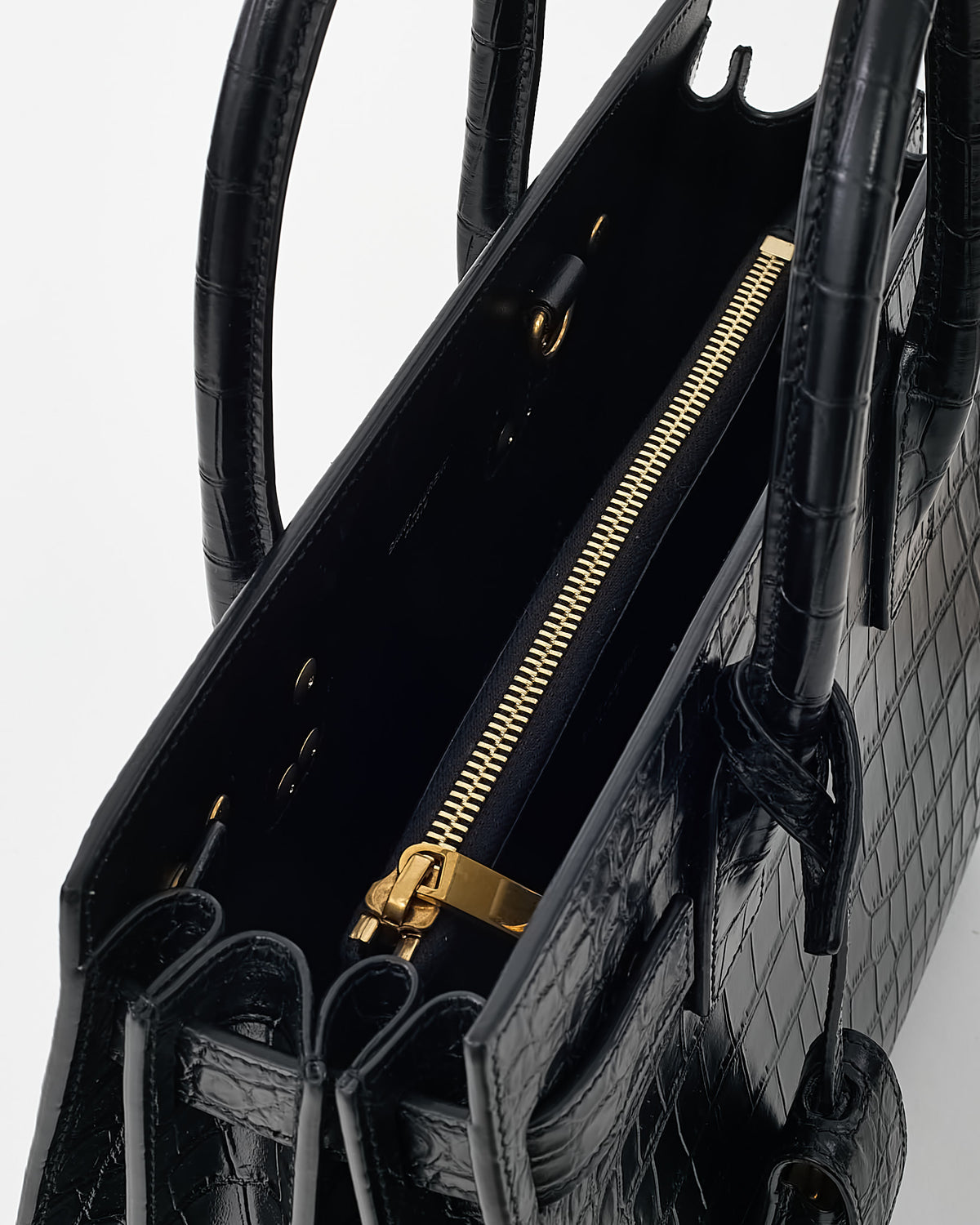 Saint Laurent Black Shiny Croc Embossed Leather Baby Sac De Jour Bag with Strap