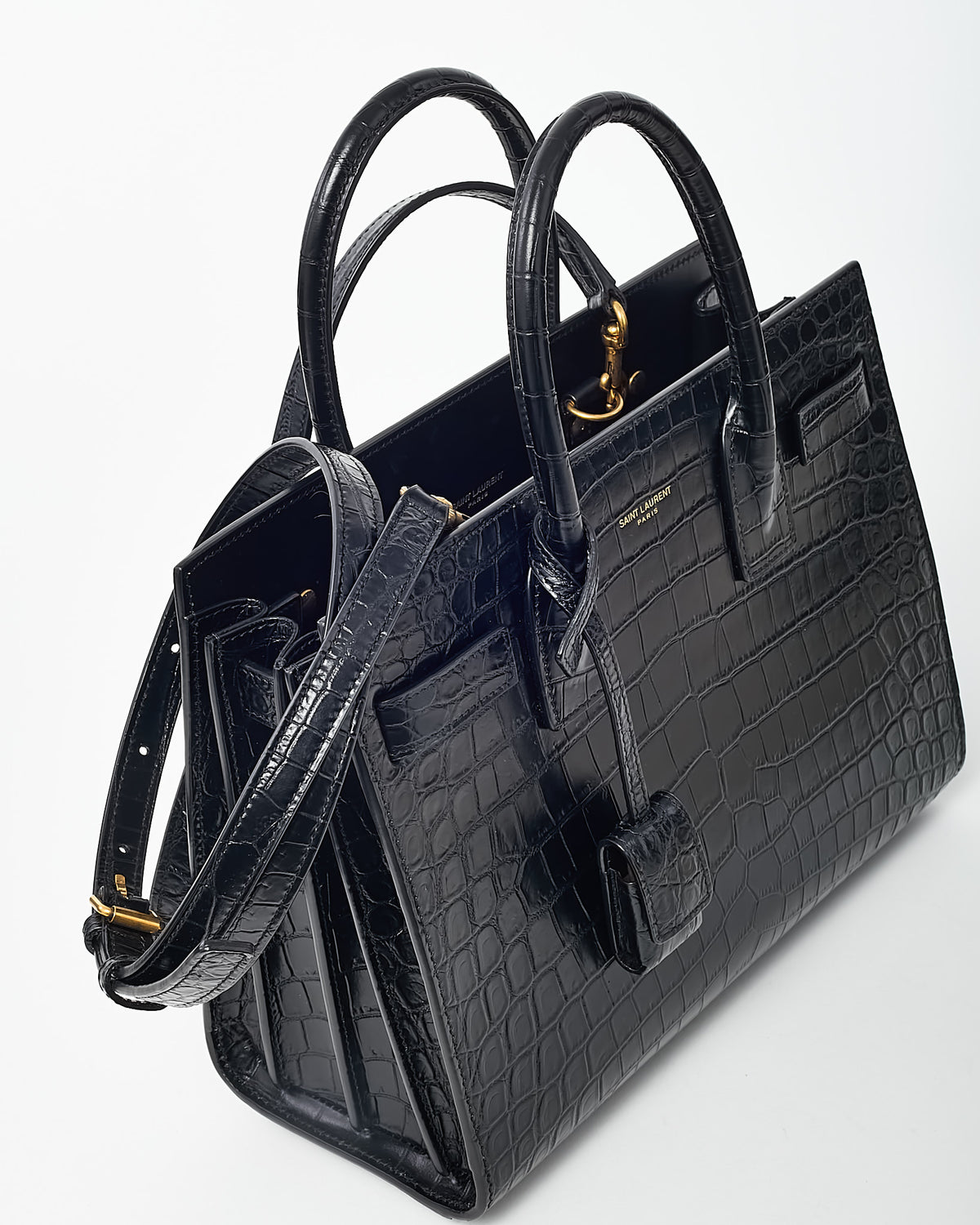 Saint Laurent Black Shiny Croc Embossed Leather Baby Sac De Jour Bag with Strap