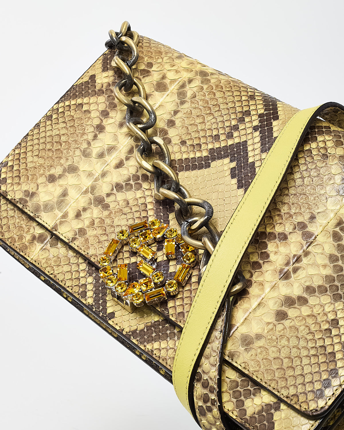 Gucci Beige/Yellow Snakeskin Crystal GG Broadway Shoulder Bag