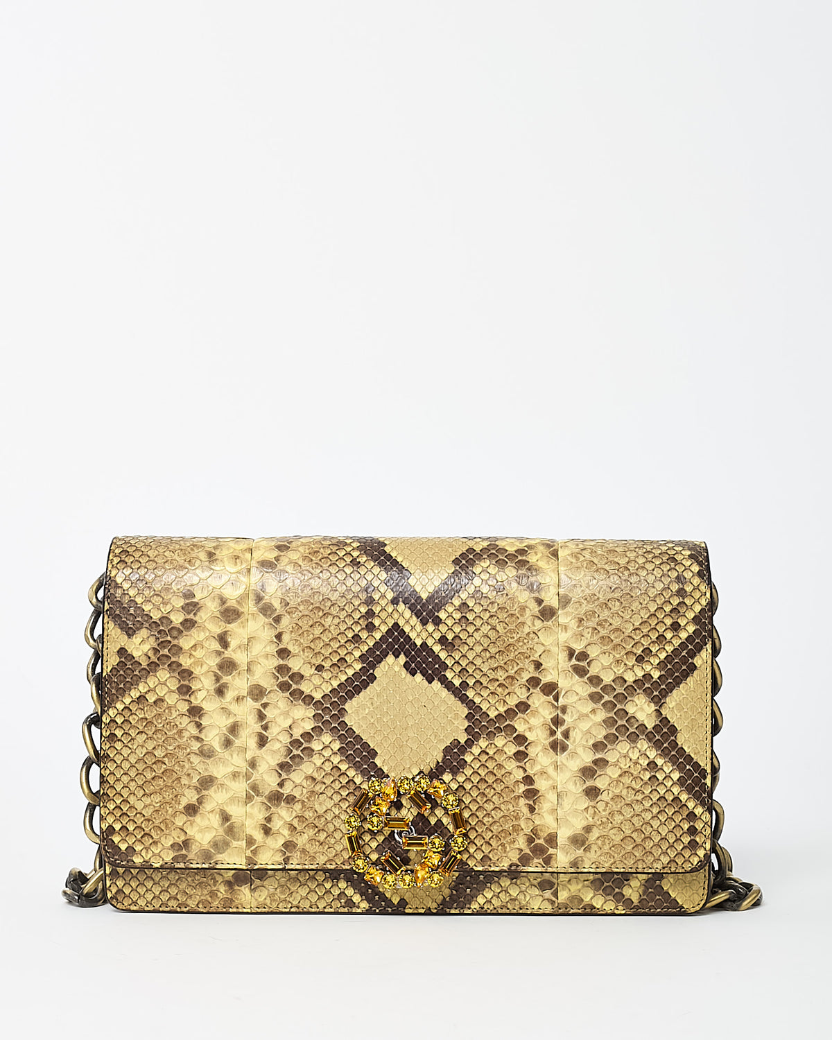 Gucci Beige/Yellow Snakeskin Crystal GG Broadway Shoulder Bag