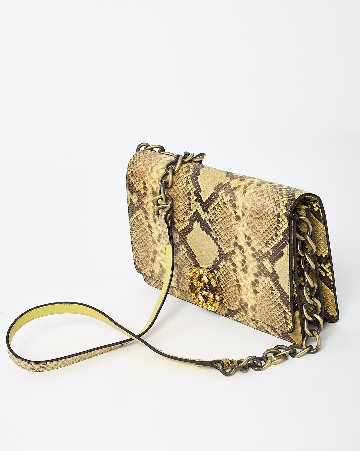 Gucci Beige/Yellow Snakeskin Crystal GG Broadway Shoulder Bag