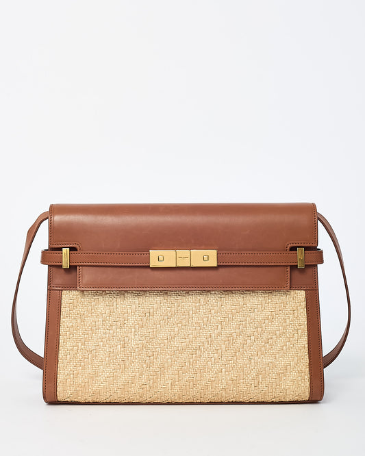 Saint Laurent Brown Brick Leather and Neutral Beige Raffia Manhattan Shoulder Bag