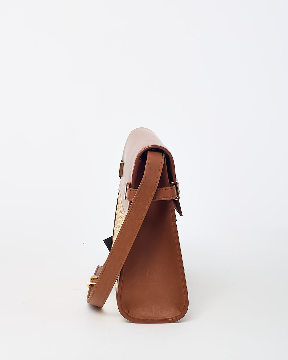 Saint Laurent Brown Brick Leather and Neutral Beige Raffia Manhattan Shoulder Bag