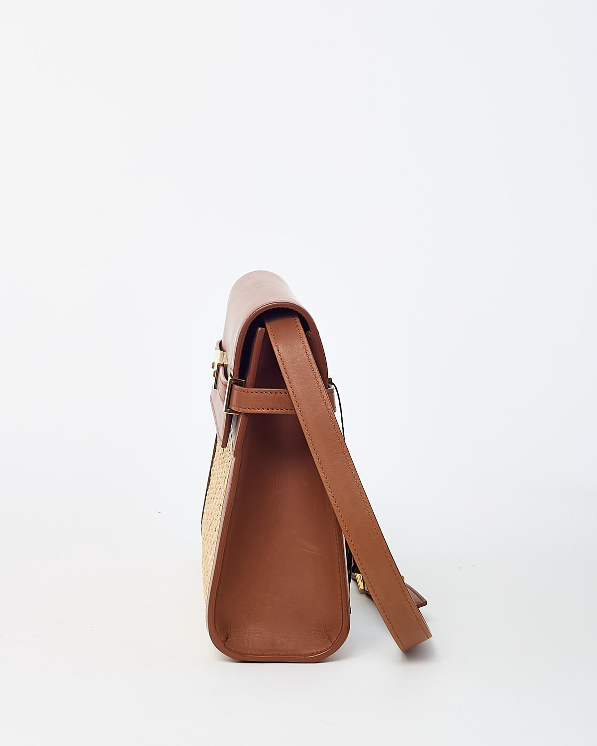 Saint Laurent Brown Brick Leather and Neutral Beige Raffia Manhattan Shoulder Bag