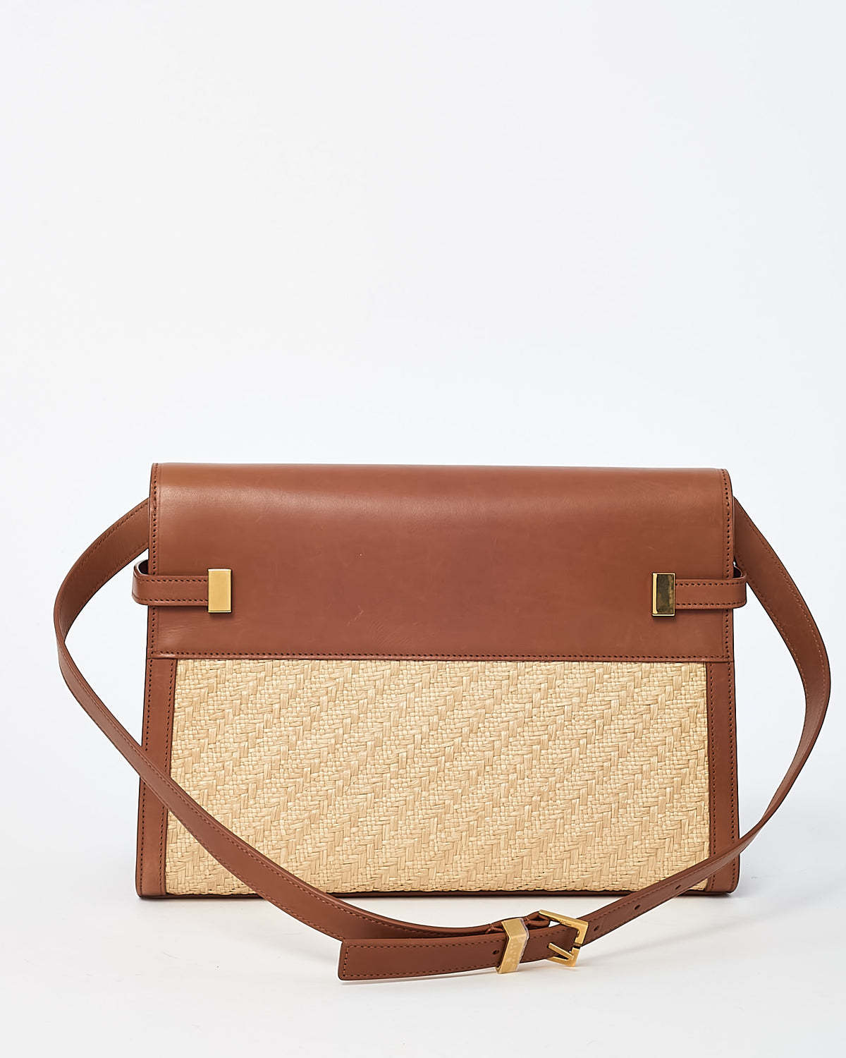 Saint Laurent Brown Brick Leather and Neutral Beige Raffia Manhattan Shoulder Bag