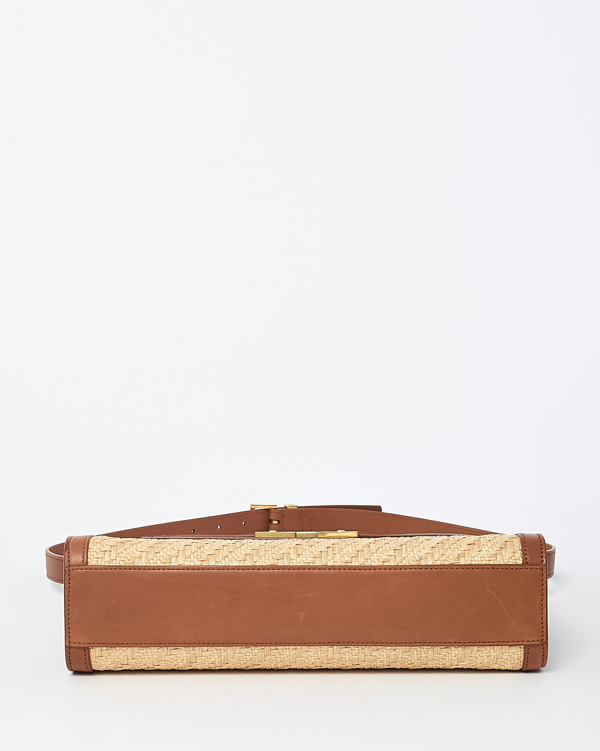 Saint Laurent Brown Brick Leather and Neutral Beige Raffia Manhattan Shoulder Bag