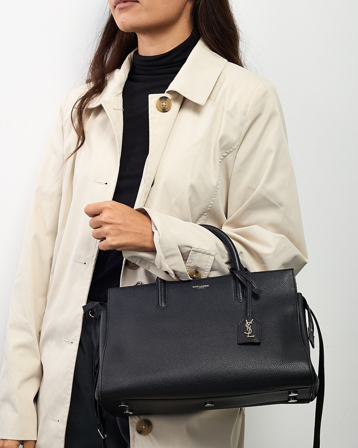 Saint Laurent Black Pebbled Leather Rive Gauche Cabas 2Way Bag with Strap