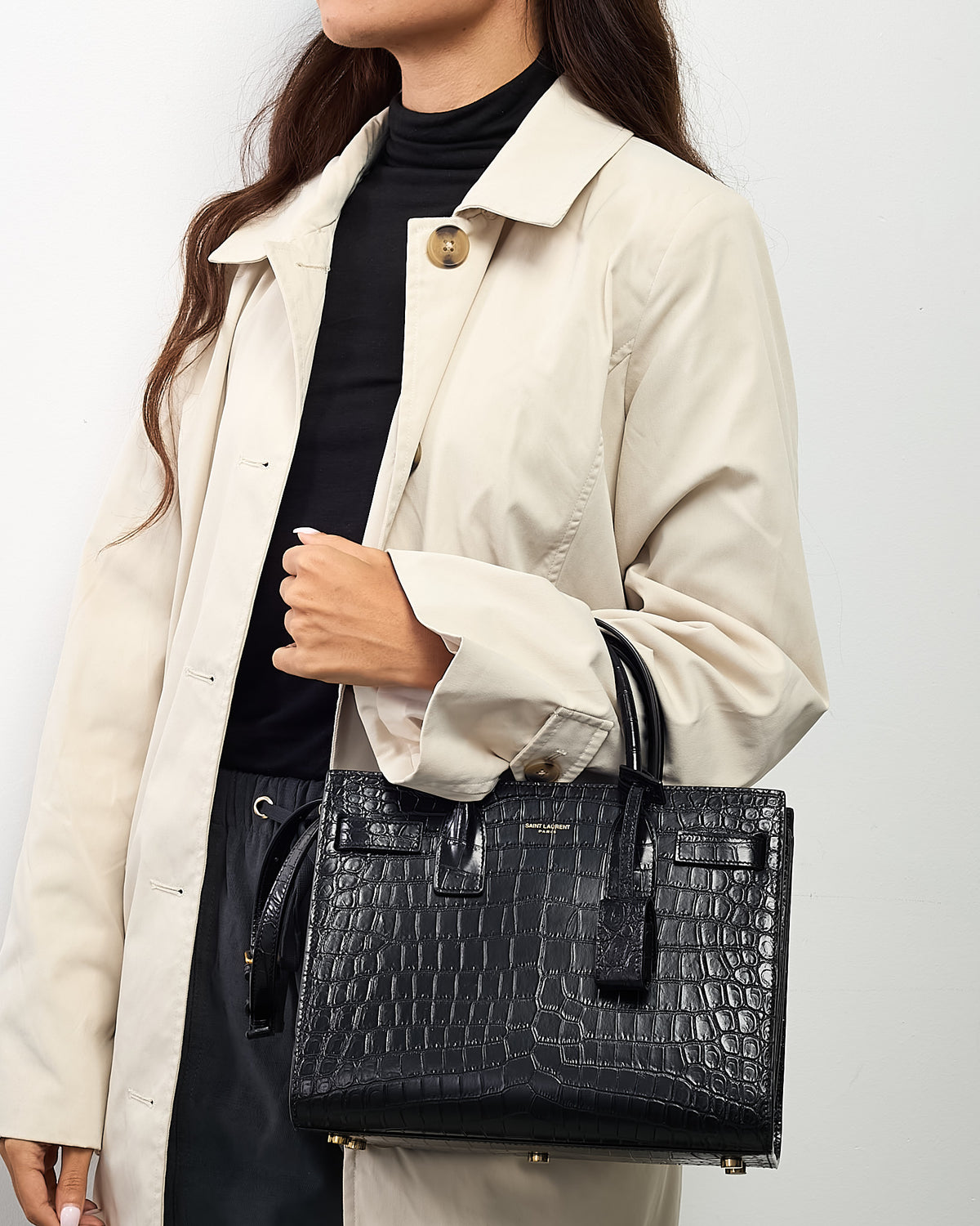 Saint Laurent Black Shiny Croc Embossed Leather Baby Sac De Jour Bag with Strap