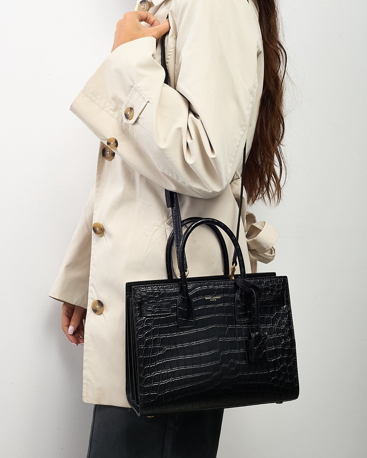 Saint Laurent Black Shiny Croc Embossed Leather Baby Sac De Jour Bag with Strap