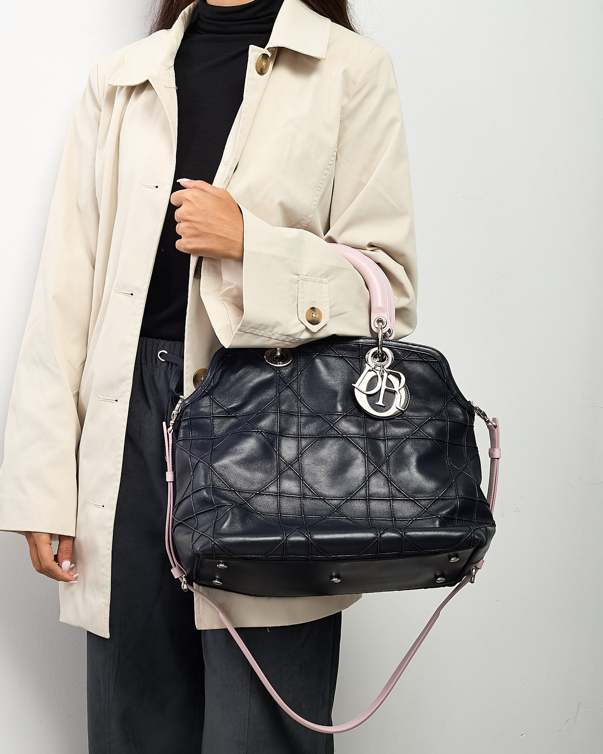 Dior Black and Pink 2-Tone Cannage Leather Granville 2Way Tote Bag with Strap