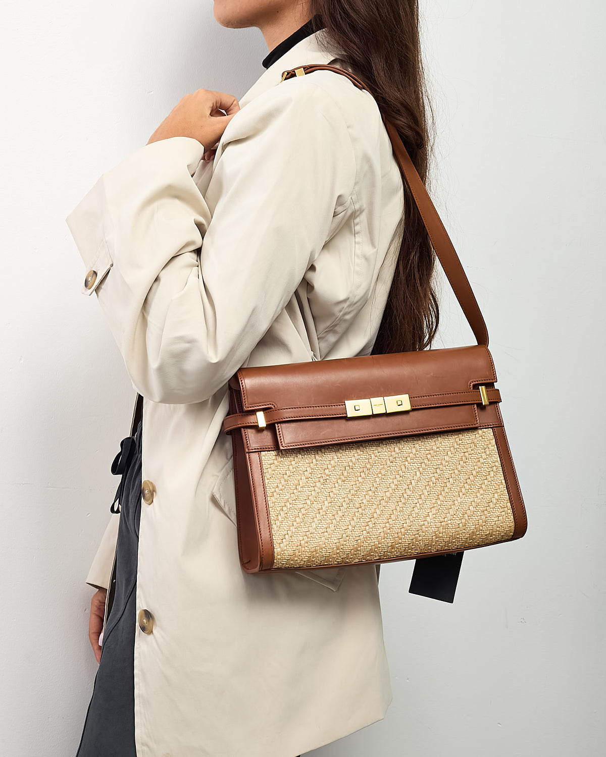 Saint Laurent Brown Brick Leather and Neutral Beige Raffia Manhattan Shoulder Bag