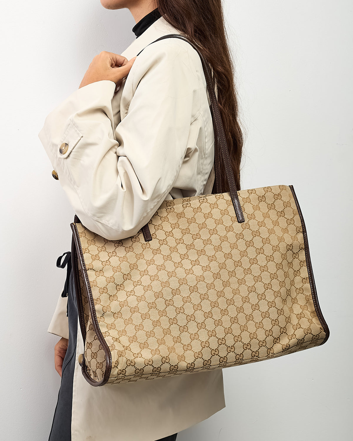 Gucci Beige and Brown GG Monogram Canvas Londra Large Tote Bag