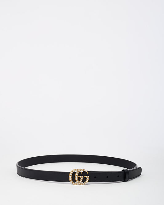 Gucci Black Calfskin Leather Pearl Interlocking G Thin Belt - 90/36