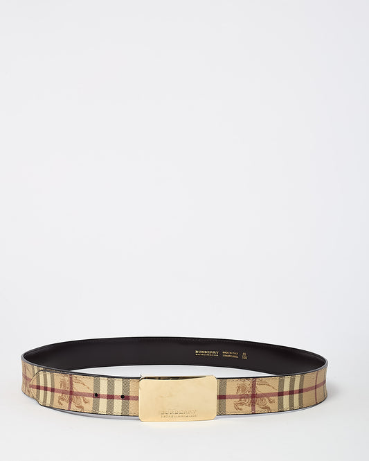 Burberry Beige Haymarket Check Coated Canvas Gold Logo Plaque Buckle Belt - 100