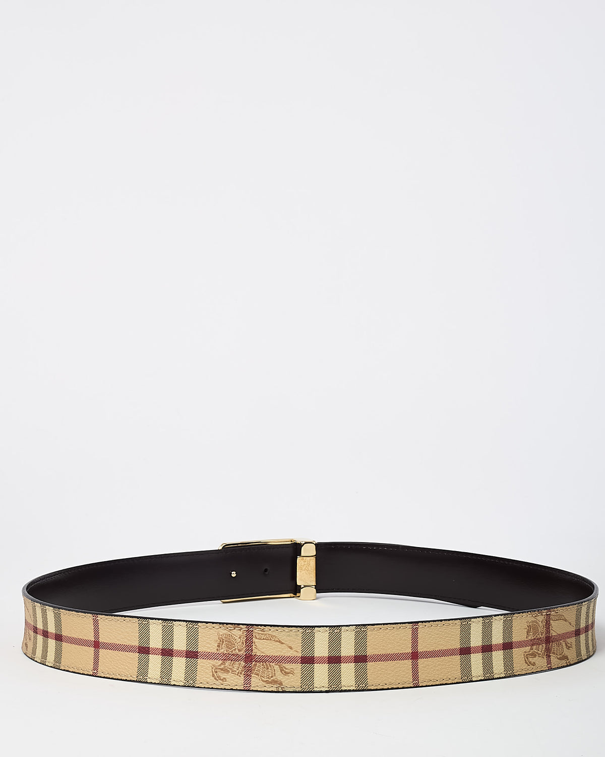 Burberry Beige Haymarket Check Coated Canvas Gold Logo Plaque Buckle Belt - 100