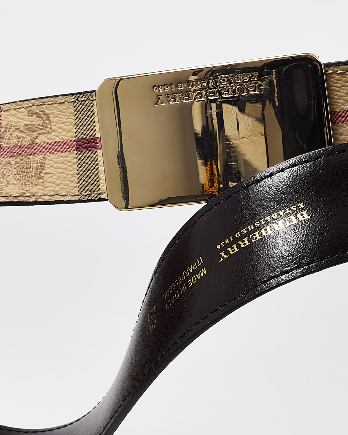 Burberry Beige Haymarket Check Coated Canvas Gold Logo Plaque Buckle Belt - 100
