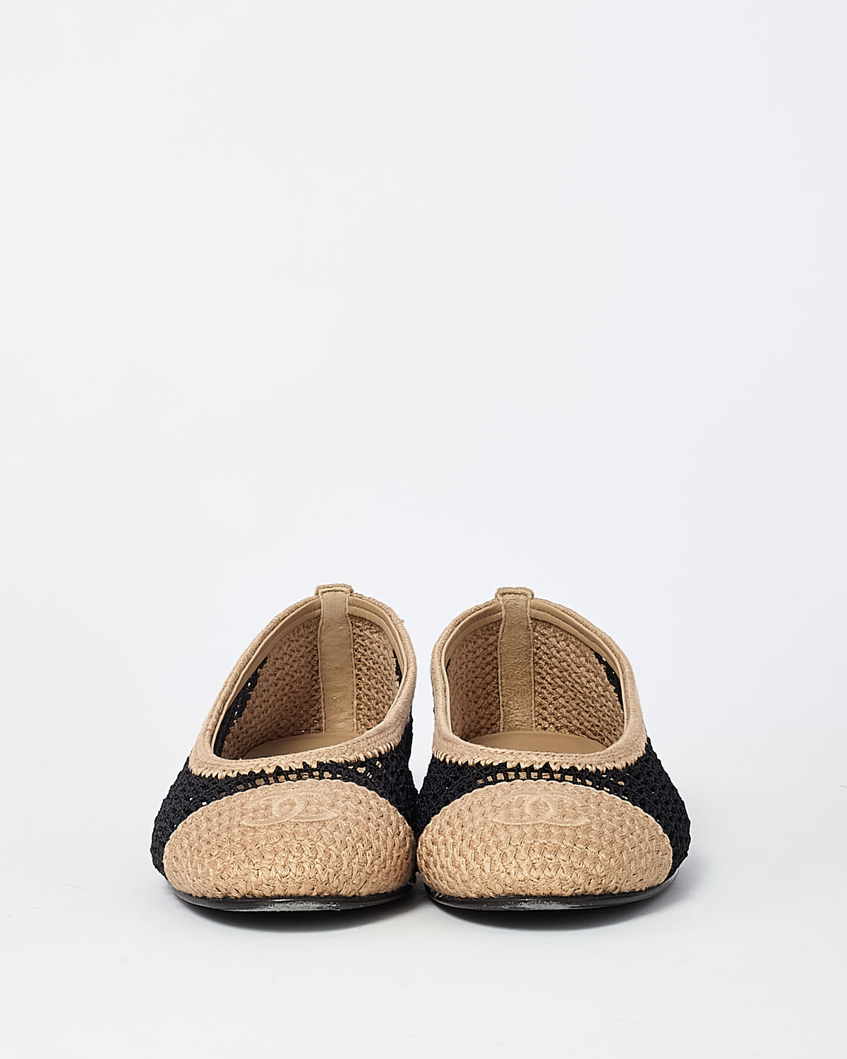 Chanel Beige and Black Mesh Crochet CC Logo Cap Toe Ballet Flats - 38 C