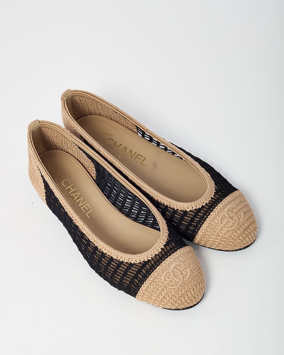 Chanel Beige and Black Mesh Crochet CC Logo Cap Toe Ballet Flats - 38 C