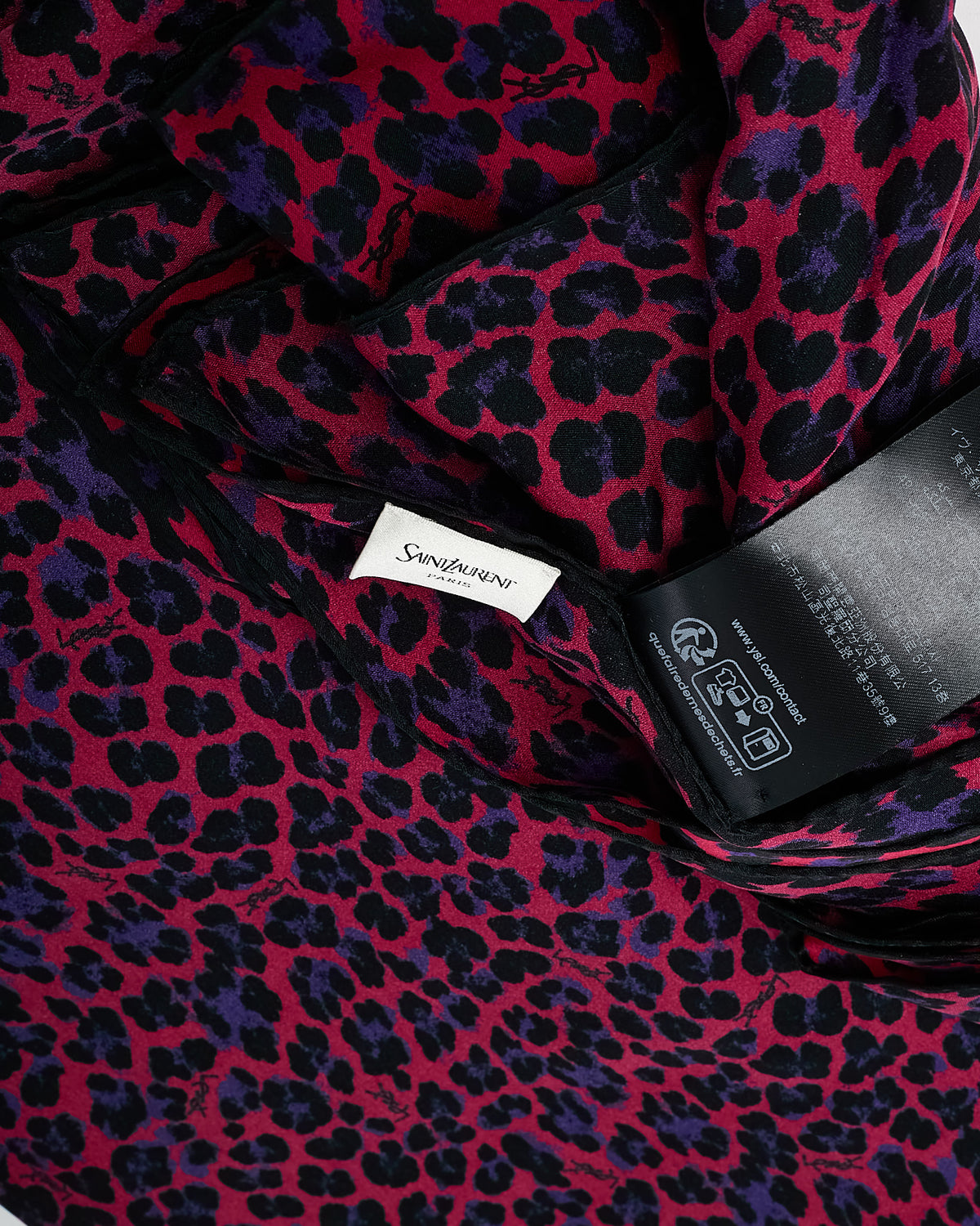 Saint Laurent Fuchsia and Dark Purple Leopard Silk Charmeuse Square Scarf