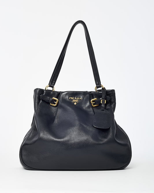 Prada Black Glace Calf Leather Gold Buckle Shoulder Bag