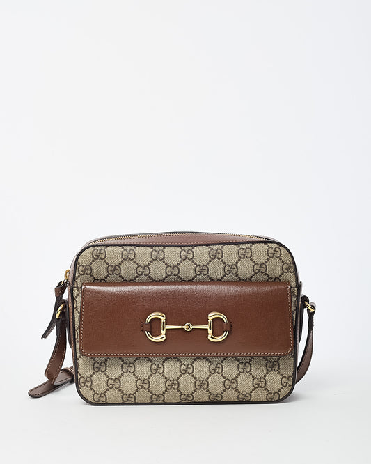 Gucci Brown Leather and Beige and Brown GG Supreme Monogram Canvas Horsebit 1955 Camera Bag
