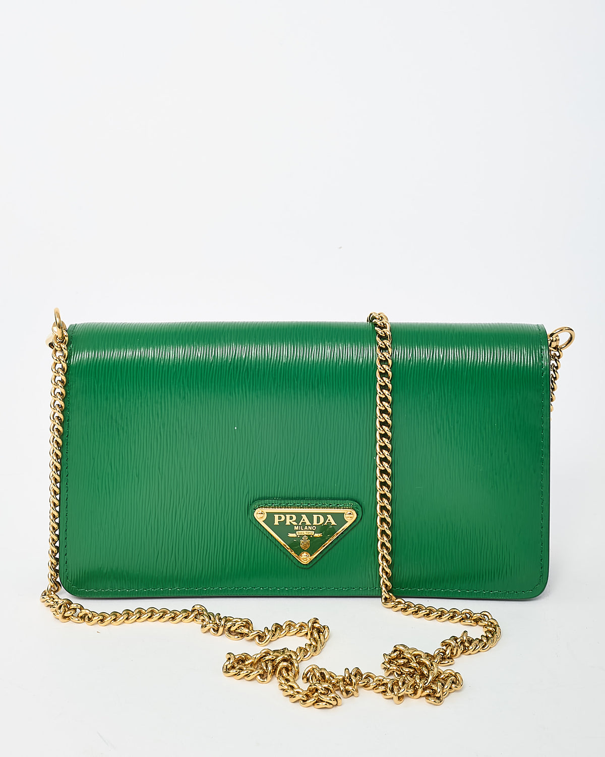 Prada Green Saffiano Leather Triangle Logo WOC Wallet on Chain Crossbody Bag