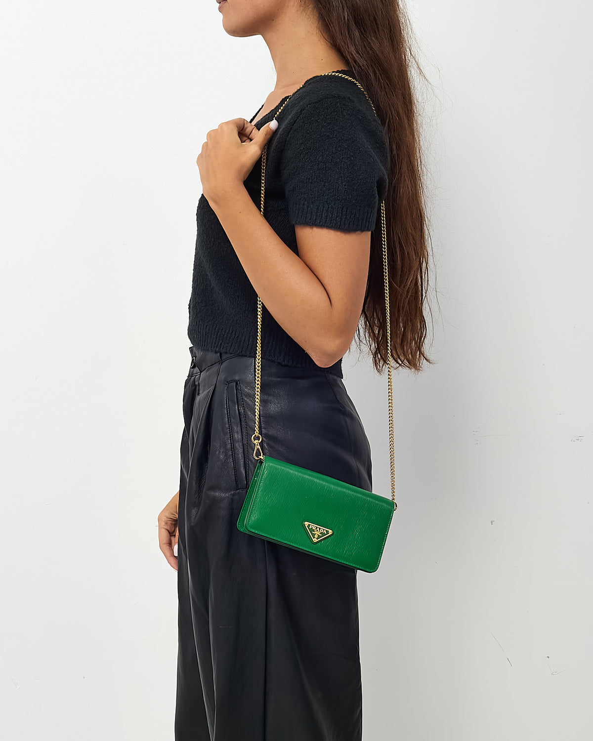 Prada Green Saffiano Leather Triangle Logo WOC Wallet on Chain Crossbody Bag
