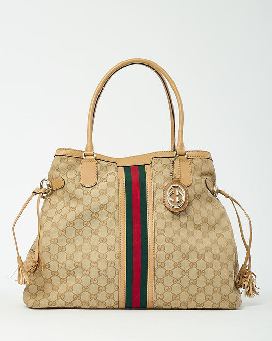 Gucci Beige Leather and Beige/Ebony GG Canvas Vintage Web Tassel Tote Bag