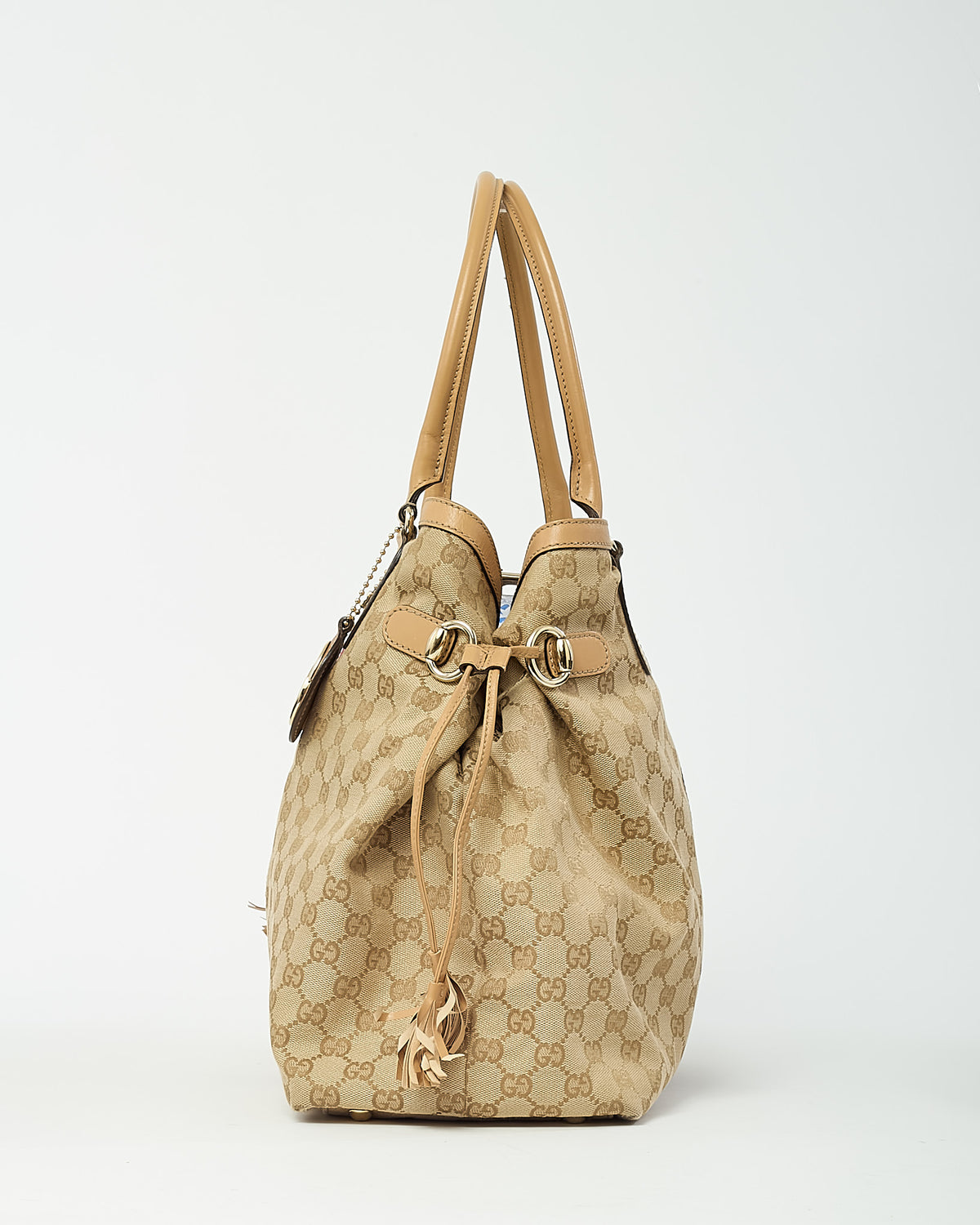 Gucci Beige Leather and Beige/Ebony GG Canvas Vintage Web Tassel Tote Bag