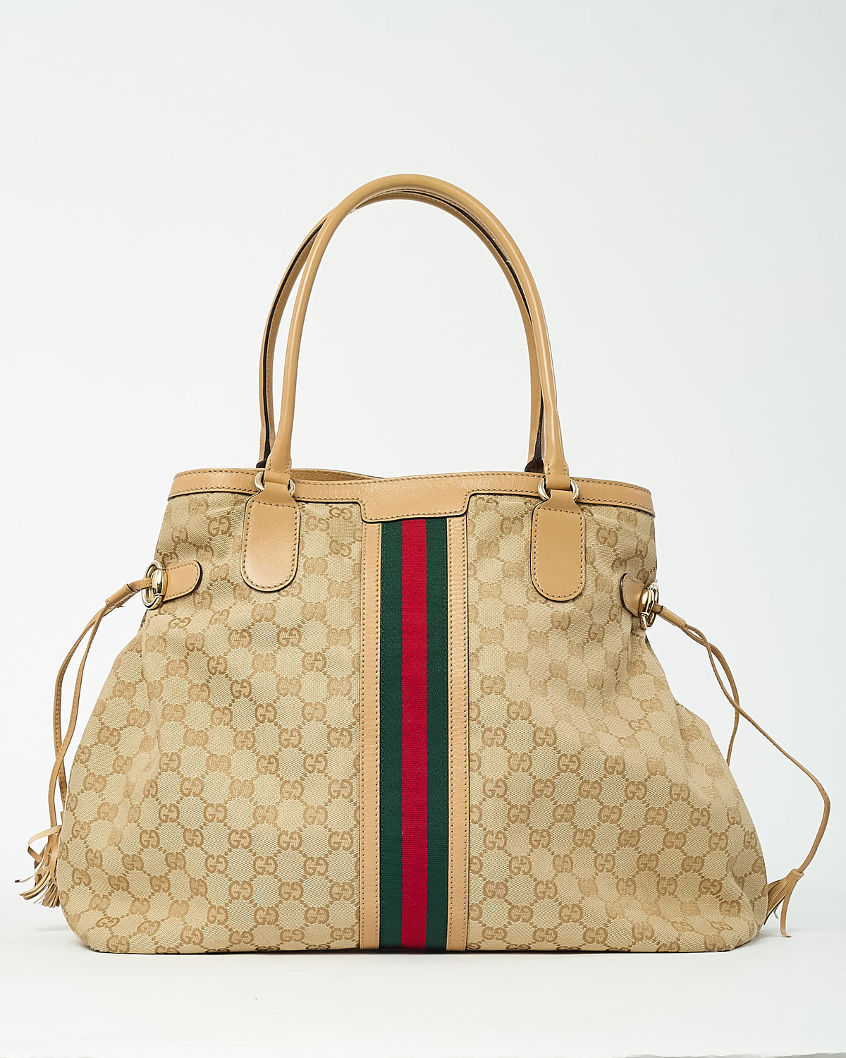Gucci Beige Leather and Beige/Ebony GG Canvas Vintage Web Tassel Tote Bag