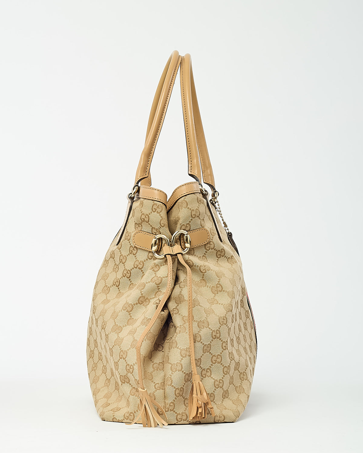 Gucci Beige Leather and Beige/Ebony GG Canvas Vintage Web Tassel Tote Bag